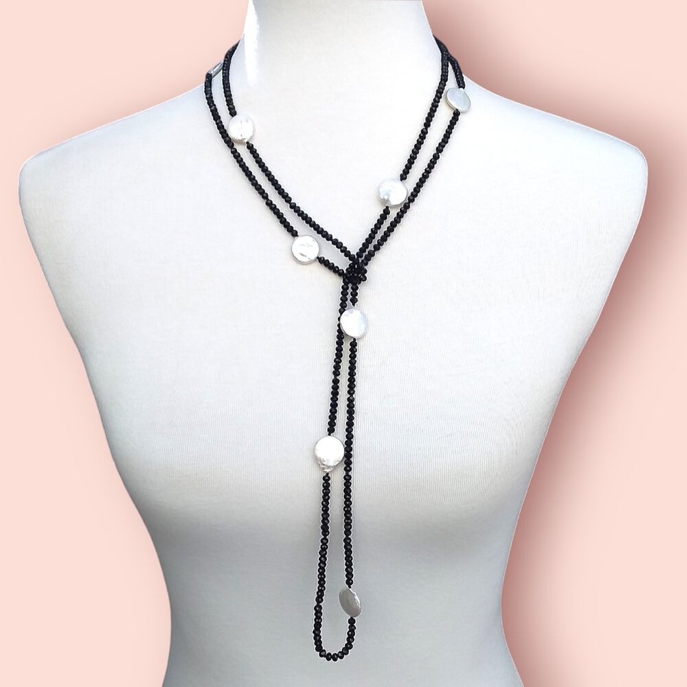 Black Spinel White Freshwater Baroque Coin Pearl Rope Necklace 58in Shiny OOAK